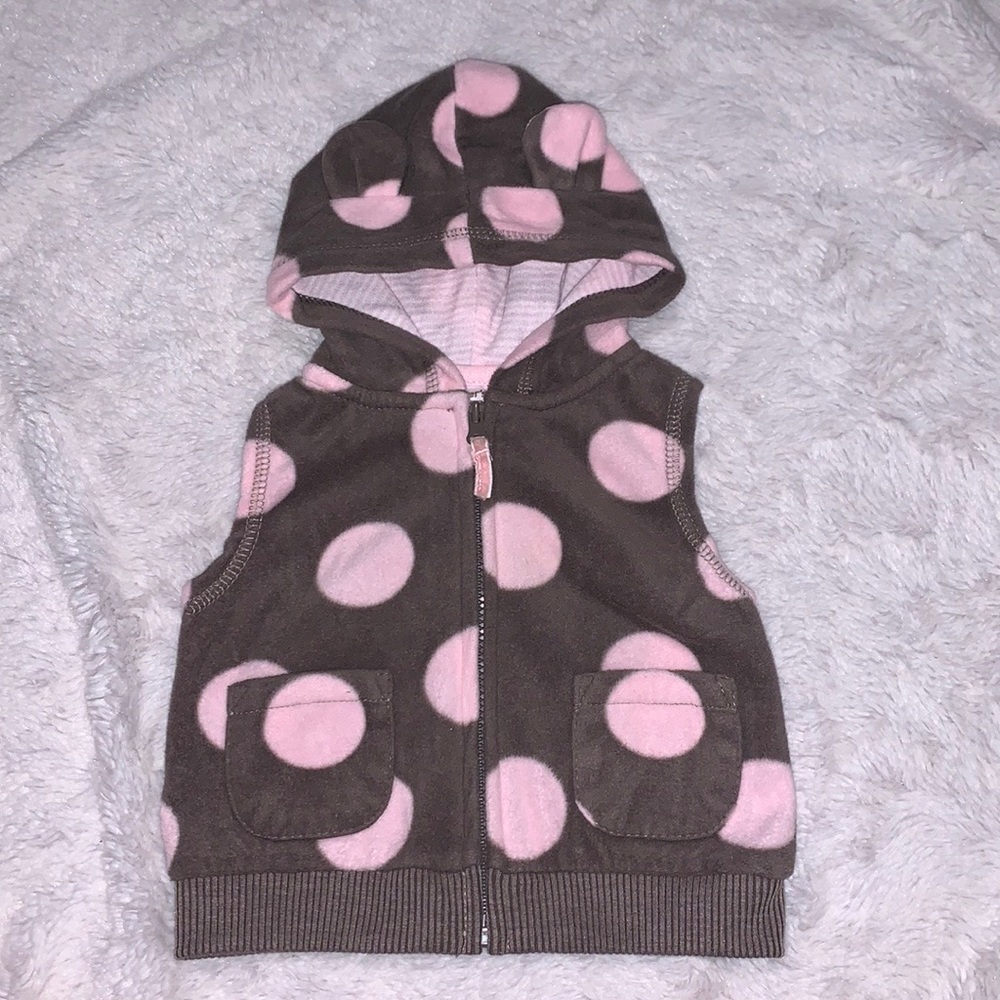 (3for $10) Carter’s brown and pink fuzzy polkadot zip up 3 month hooded vest